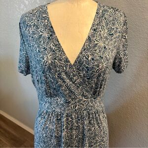 LL Bean Womens Faux Wrap Midi Dress Blue White Short Sleeve V-Neck Large Regular